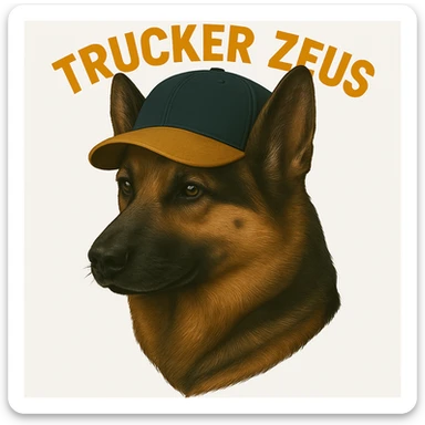 Further compress the image to reduce file size as much as possible while keeping transparency, realistic German Shepherd, and yellow 'Trucker Zeus' text. sticker