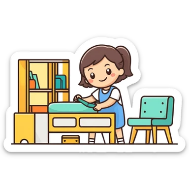 smiling girl arranging furniture in doll house sticker