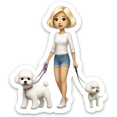 small woman with short bobbed blonde hair wearing a nice shorts outfit walking one bichon dog on a leash sticker
