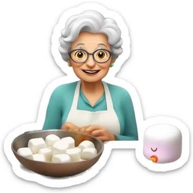 Cute cartoon Italian woman looking grandma holding a marshmallow cooking marshmallows in kitchen sticker