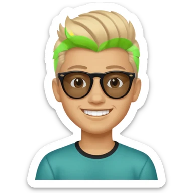 14 year old Mexican with a pompadour with the left side of his hair a little bit on the face grinning with sunglasses sticker