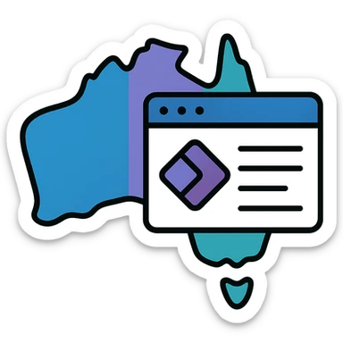 Add Microsoft Power Pages brand colors (blue, purple, teal) to the map of Australia with digital web page overlay, keep the modern and techy look, no text sticker
