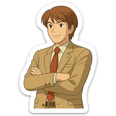 Make this exact Light Yagami stand with his arms crossed, wearing the same suit, with the same confident expression, in Ghibli style, transparent background. sticker