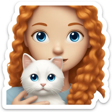 ginger girl with freckles and blue eyes holding fluffy white cat with blue eyes sticker