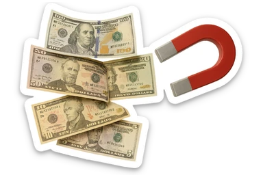 cinque banconote fluttuano in aria attratte da una calamita rossa, iperrealistica 4k, isolato su sfondo bianco sticker