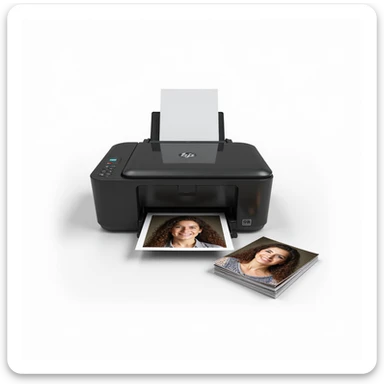 realistic thumbnail image for a passport size photo print out service, showing a modern printer with several sheets of passport size photos and a stack of printed photos in the foreground, white background sticker