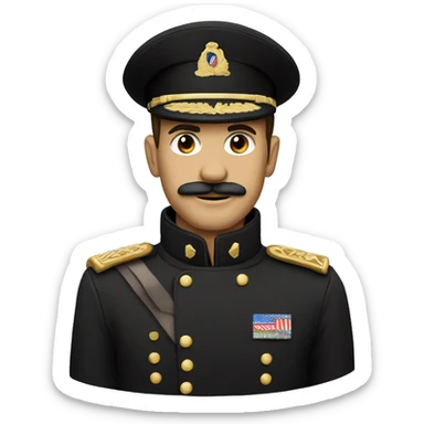 Military man with small moustache, dressed in long black trench coat,  being happy sticker