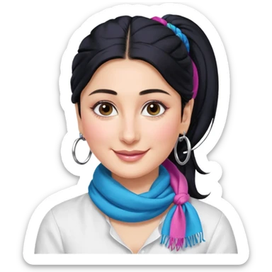 generate a pretty bratz emoji 
Make her wear a white shirt with a colorful blue-pink scarf wrapped around her neck. smiling big. Black hair tied into a side part ponytail, silver hoops and no necklace

She should look exactly  like Kareena Kapoor. kohl under eyes sticker