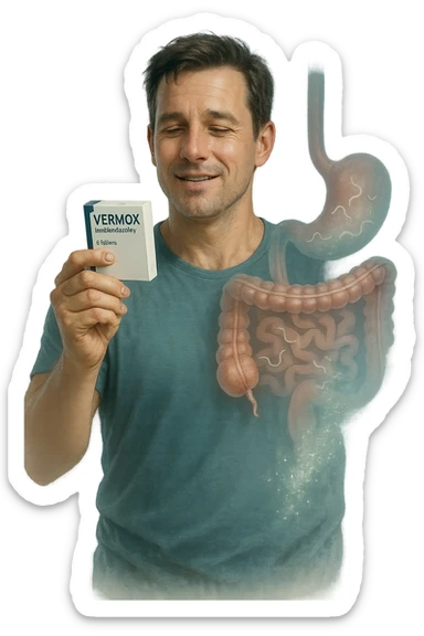 A realistic, cinematic illustration of a man in his late 30s holding a small white box of ‘Vermox’ (mebendazole) in one hand, with a relieved and hopeful expression on his face. Behind him, a semi-transparent overlay shows his digestive tract where small, symbolic worm-like parasites are dissolving and disappearing, indicating the medication’s effect. The environment is clean and bright, with a medical yet hopeful tone, conveying the concept of effective parasite removal. Subtle blue and green tones symbolize cleansing and health restoration, while the man appears energized and ready to reclaim his well-being sticker