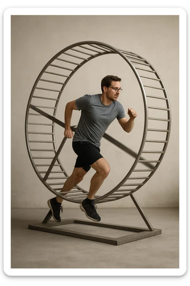 uomo che corre dentro la ruota del criceto come un circolo vizioso immagine realistica sticker