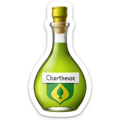 Une bouteille de chartreuse verte sous forme de drapeau avec ecrit chartreuse sur l'etiquette sticker