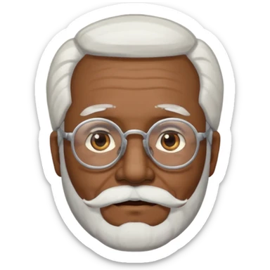 An elderly man emoji with medium-dark skin tone, long face, white hair on the sides, glasses, light eyebrows, and a light white beard. sticker