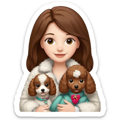 A white smiling girl with a long brown straight(middle part) hair and wearing a fur white jacket holds a brown poodle sticker