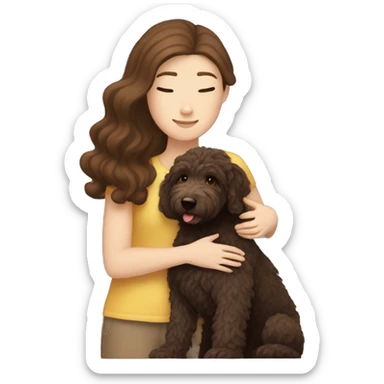 White girl with brown hair hugging her dark brown Australian labradoodle  sticker