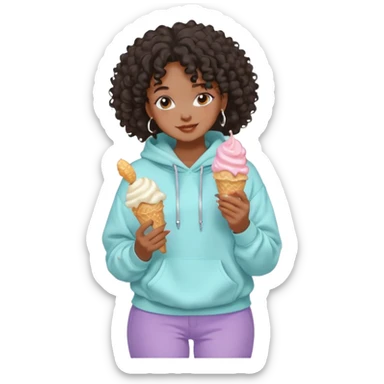Black girl, clean girl aesthetic, 4C curly hair in a puff, pastel hoodie, white sneakers, minimal jewelry, soft smile, cozy vibe, bright colors, Apple-style emoji comendo sorvete  sticker