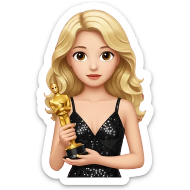 blonde model, brown eyes, long wavy hair, oscars red carpet, black sequin, holding oscar sticker
