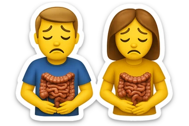 emoji stile iphone di un uomo e una donna con espressione triste ed intestino realistico, mal di pancia,ù iperrealistico 4k sticker