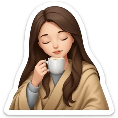 Brunette girl long hair inside a beige blanket sipping coffee eyes closed sticker
