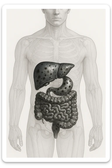 fegato e intestino intossicato da metalli pesanti su un corpo umano in 3D sticker