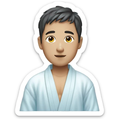 korean boy in white tshirt wearing a unbuttoned light blue bath robe sticker