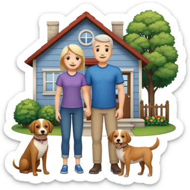 1 Father 1 Mother and 1 young boy who is half as tall as the parents, standing in front of their house with a dog next to them. Everyone should look VERY happy sticker