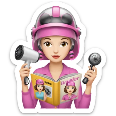 Emoji de mujer con casco secador, pelo recogido, rulos y leyendo revista, estilo vintage chic sticker