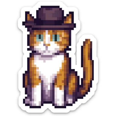 A pixel art cat with a hat, no background. sticker