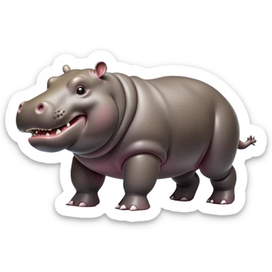 cinematic-hippo-realistic-full-body side view-standing on all fours-emoji,-massive-round-frame,-wide-mouthed-grin-exposing-huge-teeth,-head-tilted-dramatically,-thick-greyish-brown-hide-glossy-from-water,-simplified-yet-realistic-focused-features,-highly-detailed,-glowing-with-an-almost-sarcastic-glow showing only 4 theeth sticker