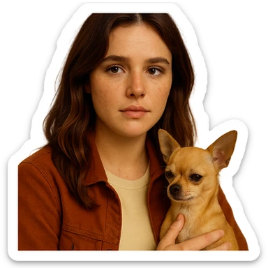 Portrait for Instagram profile inspired by the facial features visible in the reference images, with a tanned complexion, subtle freckles, wearing a shirt colored #FFF8CA and a rust-colored jacket, mid-length brown hair with auburn highlights, a pensive and gentle expression, holding a beige-brown chihuahua, in the style of a Netflix series, transparent background, intimate Tenerife ambiance. sticker