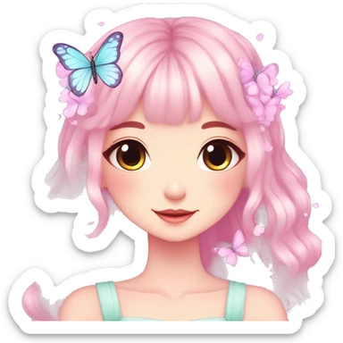 Cute kawaii gorgeous pretty anime cartoon pastel lady with butterflies and beautiful hair fairycore cottagecore sticker