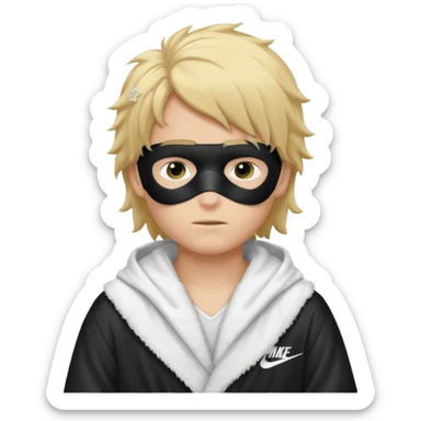 Create a blond boy with long, messy hair, light eyes, a white t-shirt, rich, with long hair, blue eyes, medium-length, voluminous hair, wearing a black Nike bathrobe and a little blush near his nose. and with a balaclava, type bandit balaclava sticker