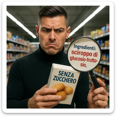 Supermarket scene: man similar to the reference, holding a 'SENZA ZUCCHERO' product, ingredient list shows 'sciroppo di glucosio-fruttosio' in bold red, confused expression, floating magnifying glass enlarges the small print, hyper-realistic, harsh fluorescent light. Variant 2. sticker
