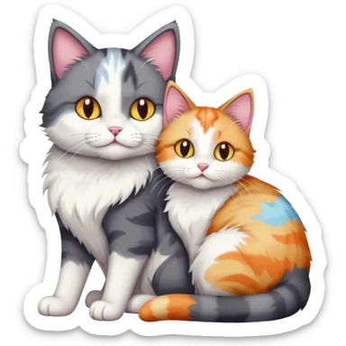 full body dark grey and white cat cuddling a colourful light patched calico + white tabby cat  sticker