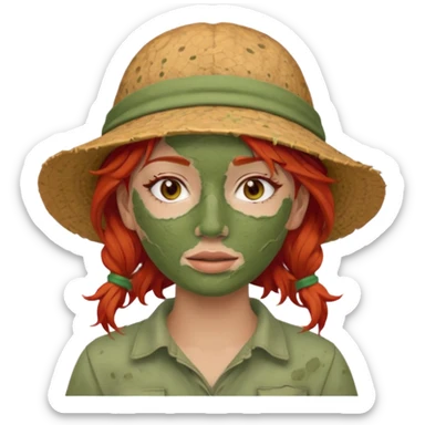 messy green full face clay mask and tourist hat red hair  sticker