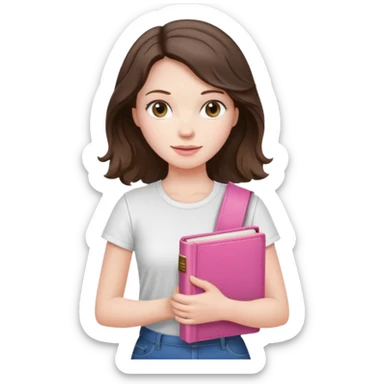 brunette woman, pale skin, shoulder-length wavy hair, white t-shirt, holding a pink Bible sticker