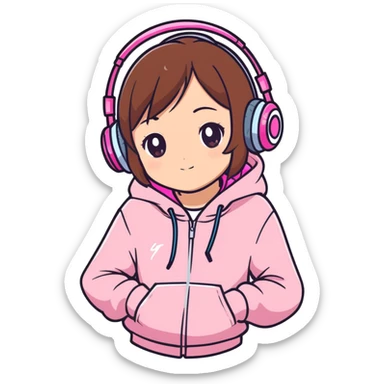 A brown-haired young girl in a pink sparkly hoodie with headphones on, — in cute anime style sticker