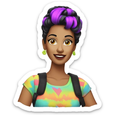 Tanned woman with black hair dressed in 1980s neon hair, makeup, and attire  sticker