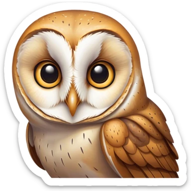 Cinematic Noble Barn Owl Portrait Emoji, Poised and regal, with a slender, graceful build and a striking mottled plumage of whites and browns, deep-set soulful amber eyes, Simplified yet sharp and sophisticated features, highly detailed, glowing with a soft, dignified glow, high shine, intelligent and mysterious, stylized with an air of nocturnal wisdom, focused and attentive, soft glowing outline, capturing the essence of a watchful and confident fowl, so majestic it feels as though it could silently glide out of the screen with effortless authority! sticker