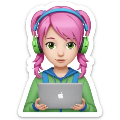 Create an emoji of a woman with pink hair tied into two pigtails. She is a game streamer, wearing green headphones, holding a MacBook, and dressed in a blue outfit. sticker