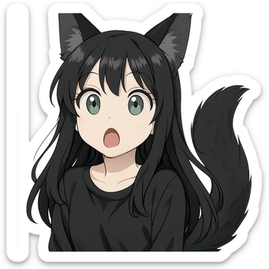 a surprised girl with huge green eyes, black fox ears, and a tail, dark hair sticker