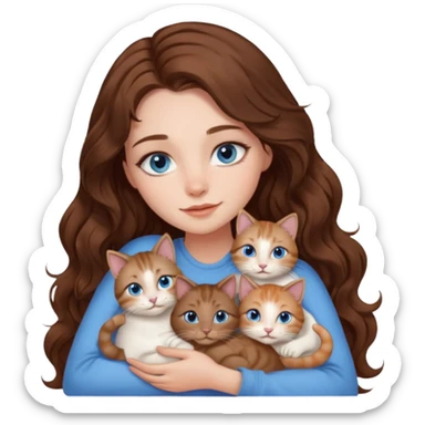 girl with long wavy brown hair, blue eyes, long lashes makeup, cuddling with 6 cats sticker