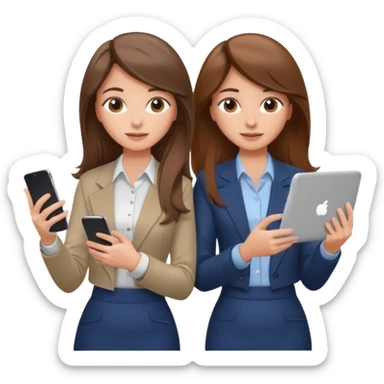 two brown haired girls, looking professional maybe leaned back on back and looking forward and using phones, with longer hair and with some cute clothes without ties, blowout hair, one girl can hold lap top athoer one can hold the phone sticker