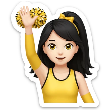 A long black hair teen girl waving pom-poms, eyes sparkling with excitement, yellow cheer leader top sticker
