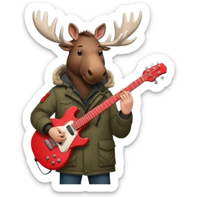  A man with the head of a moose playing a red electric guitar in Alaska. Give him a dark vibe and an attitude sticker