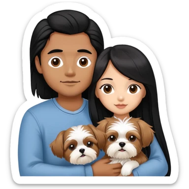A beautiful Asian girl with long black hair is holding a small Yorkshire Terrier. She is standing next to her brown skinned boyfriend, who is holding a Shih Tzu. They are each holding one dog each sticker