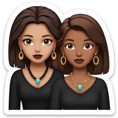 Boujy baddie best friends, trendy heavy makeup both dark hair one light skinned and one mocha brown pretty hair style both wearing black and earrings and necklace one mocha brown skin sticker
