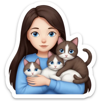 a girl with long dark 
brown hair, with blue eyes, in a
white sweater, hugs 3 different natural coloured cats sticker
