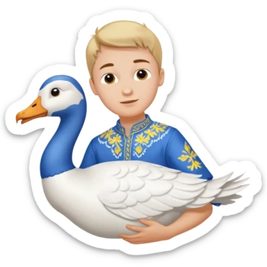 A boy in a Ukrainian white embroidered shirt flies on a white goose sticker