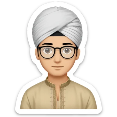 young man with wheatish skin tone, black hair, wearing kurta with rectangle glasses and traditional turban sticker