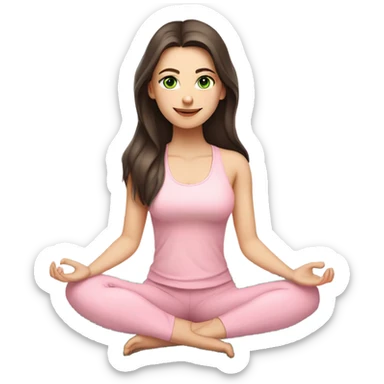 Dark brown long hair and green eyes yoga beautiful girl with pale skin in light pink pink pink clothes sitting on a yoga mat sticker